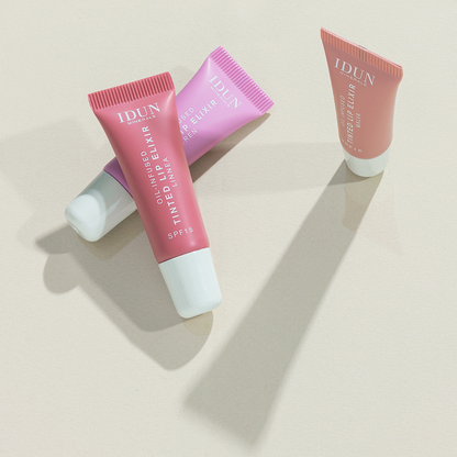 IDUN Minerals Lip Elixir in Syren, Malva and Linnea, vegan, cruelty-free, with a moisturizing, glossy finish and SPF 15.